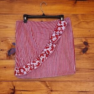 J. Marie Red Retro Gingham Skirt  Embroidered Floral Trim L